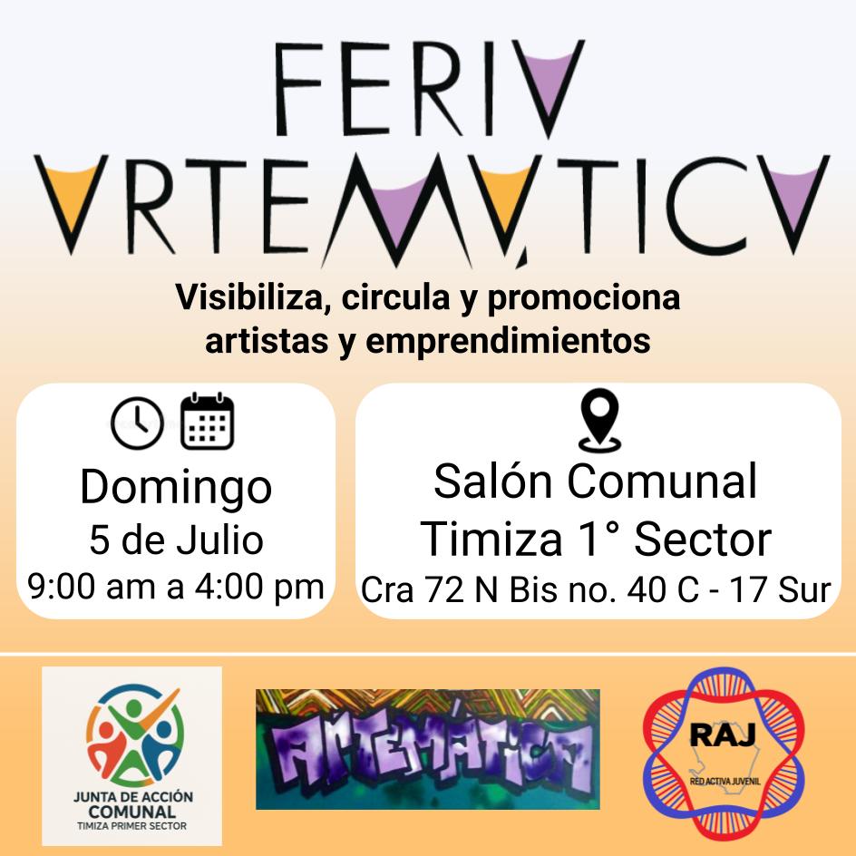 Artematica209's tweet photo. ¡Hola! 👋

El domingo 5 de Julio de 9 am a 4 pm, estaremos apoyando al salón comunal de Timiza 1° sector con la Feria Artemática, el evento que visibiliza, circula y promociona artistas y emprendimientos. 🎪🎶👨‍👩‍👧‍👦🍽️🛍️

¡Te esperamos!

Ubicación:📍 https://t.co/S4SLNjIk4F https://t.co/XlPK1ZTDqF