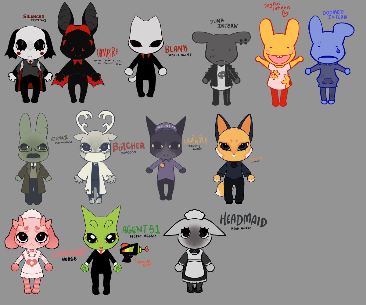 KOCINEN's tweet photo. all the skins designs in one pic... my fave is agent 51, who is yours.... #animalhospitalroblox #animalhospital https://t.co/s9NXV4FJbN