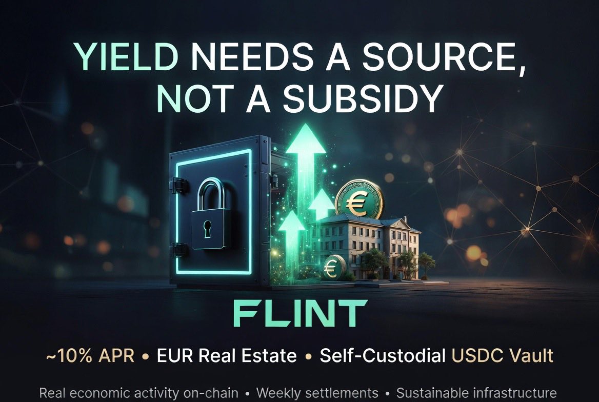 kryptoBenzai's tweet photo. The question isn’t whether users can earn yield onchain anymore. It’s whether that yield comes from sustainable sources.

@flintrwa is building for exactly that a self custodial $USDC vault that routes capital into EUR denominated real estate financing. Targeted   10% APR from actual borrower repayments and structured products, settling weekly. No emissions. Just productive economic activity plus currency diversification beyond USD.

This is the infrastructure layer the next phase of #DeFi needs.