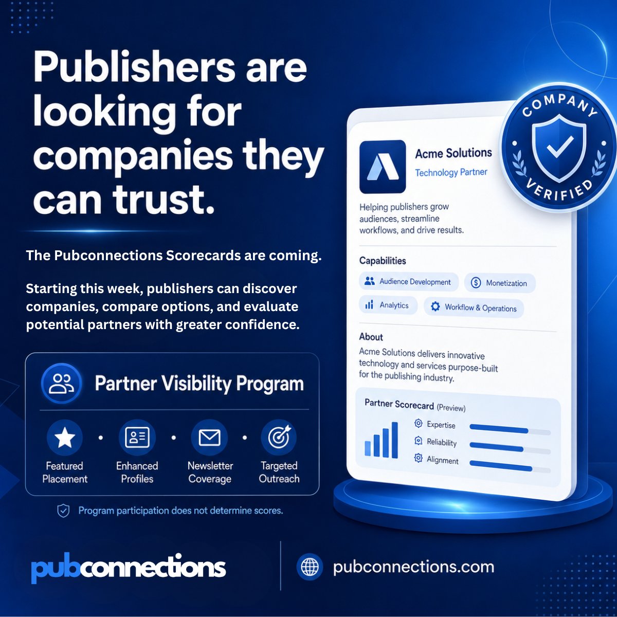 Pubconnections1's tweet photo. Publishers are looking for companies they can trust — will they find yours? This week, we’re revealing the Pubconnections Scorecards. Publishers will be able to discover companies, compare options, and evaluate potential partners with greater confidence. https://t.co/k5TjY63ave