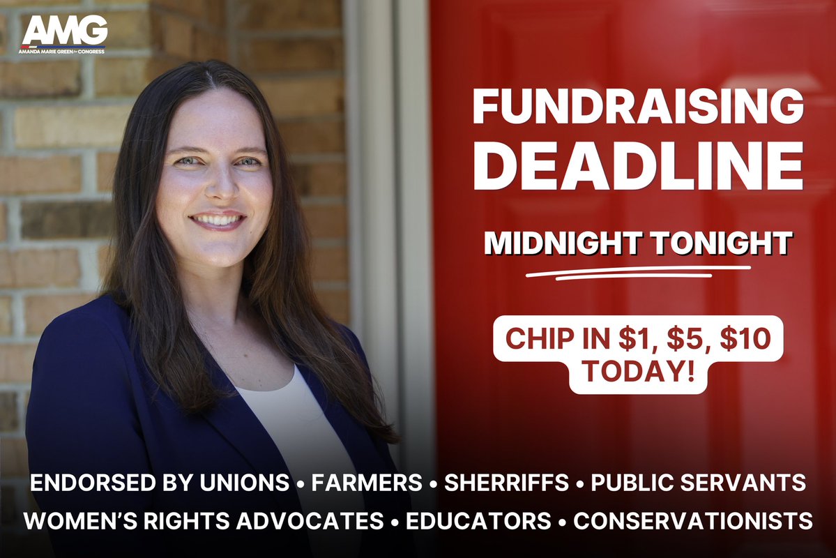 AMGforCongress's tweet photo. ⏰ MIDNIGHT DEADLINE ⏰

I know you’re probably seeing a lot of these right now, but TONIGHT is the last night of our fundraising quarter, and we are racing to hit our goal before the clock runs out. 

Link to Donate: https://t.co/Zw4cmapTLo

We’ve built a people-powered movement focused on lowering costs, protecting healthcare, supporting our farmers, and delivering real results for North Florida, so that EVERYONE can thrive where they live. 

If you’ve been waiting for the right time to contribute, this is it. Please chip in before midnight and help us close out this last quarter before the primary as strong as possible. Let’s prove that North Florida is ready for leadership that puts people first!