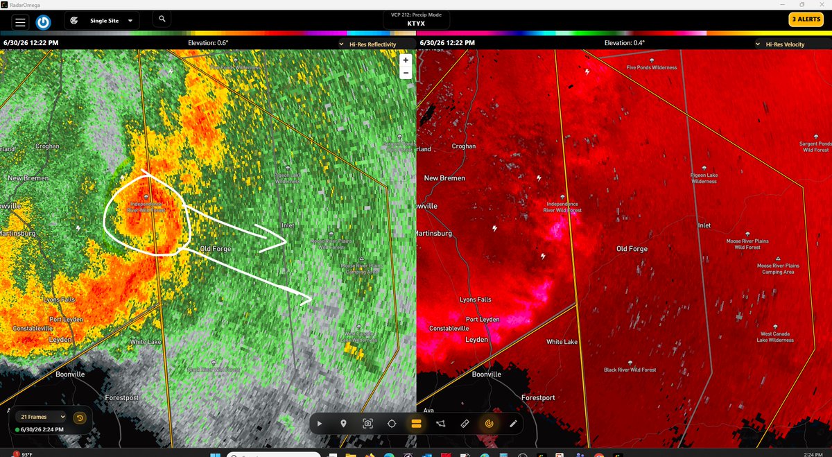 Velocity from Montague's radar showing 90 MPH wind crossing Old