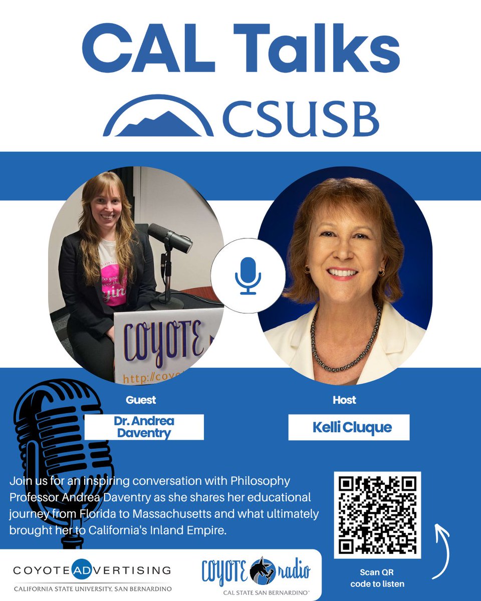 CoyoteRadioCSU's tweet photo. 🎙️ Episode of the CAL Talks Podcast is here!

Join host Kelli Cluque as she sits down with Dr. Andrea Daventry for an engaging conversation about her journey, experiences, and work. From inspiring insights to meaningful stories, this is an episode you won't want to miss! https://t.co/OXvFudBauk