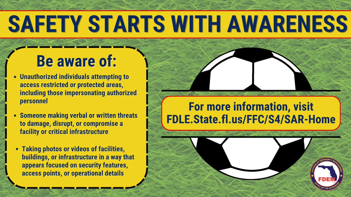 FLSERT's tweet photo. 🚨 Safety starts with awareness.

Whether you're attending a sports match, festival, or community event, staying alert & knowing what to look for can help protect yourself & those around you.

👉 For more information on recognizing & reporting suspicious activity, visit: https://t.co/lnBhVOV85v