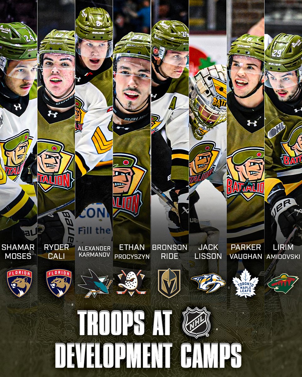 OHLBattalion's tweet photo. Troops at NHL Dev Camps 🏕️ 🫡

8 Troops are currently attending team Development Camps across the NHL. 

#GoTroopsGo #NorthBay #Hockey #NHL https://t.co/gjkBpf5knL