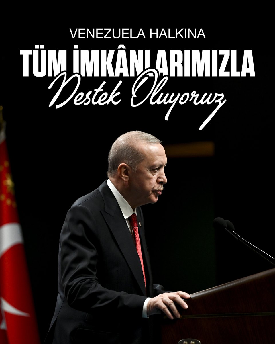 RTErdogan's tweet photo. Türkiye olarak iki büyük depremle sarsılan dost Venezuela halkına tüm imkânlarımızla destek oluyoruz.

AFAD koordinasyonunda, Millî Savunma Bakanlığımızla iş birliği içinde iki askerî nakliye uçağımızı afet bölgesine süratle sevk ettik.                                            

Toplam 75 personelimiz, 5 arama kurtarma aracı ve 6 arama kurtarma köpeğimiz ile Venezuela’ya ulaştı ve çalışmalarına başladı.

Uluslararası koordinasyon mekanizmalarıyla temas halinde hem arama kurtarma çalışmalarına katkı sunuyor hem de bölgedeki öncelikli insani ihtiyaçların karşılanması için gerekli planlamaları yapıyoruz.

Belediyelerimizin de dost Venezuela halkı için çeşitli yardım kampanyaları tertiplediğini memnuniyetle müşahede ediyoruz.

Venezuela hükûmetine ve halkına bir kez daha geçmiş olsun diyor, Türk milletinin yanlarında olduğunu ve olacağını ifade etmek istiyorum.