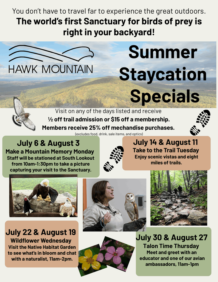 Hawk_Mountain's tweet photo. Looking for an outdoor adventure close to home? Join us on select days this summer for themed activities and HALF OFF trail admission or $15 off a membership! Current members can also enjoy 25% off in our Bookstore.

We hope to welcome you to the Sanctuary soon! https://t.co/bWrjZlHhDl