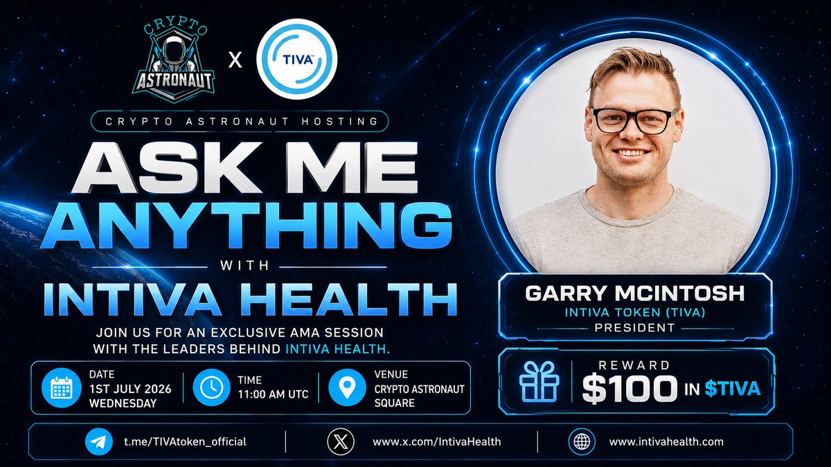 CryptoAs_TW's tweet photo. We are pleased to Announcement our next host AMA With Intiva Health 🎉

📅 Date: 1st July 2026
🕓 Time: 11:00 AM UTC 
💰 Reward Pool: $100 in $TIVA

📢 Join us for an exclusive Binance Square  AMA with us @IntivaHealth A privacy-first infrastructure for Decentralizad Applications

⏰Binance Set reminder:
https://t.co/Mk0WHgy3Z4

🌐 Learn more about IntivaHealth:
https://t.co/hefb2eZBG0