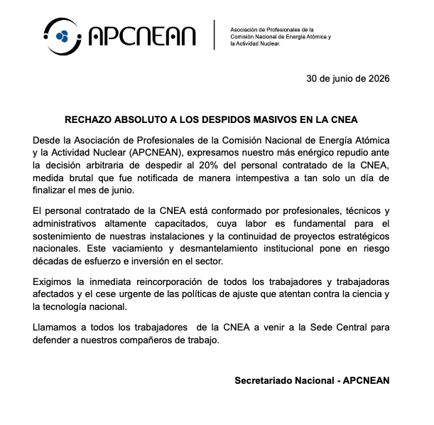norabar's tweet photo. Repudio absoluto de la Asociación de Profesionales de la CNEA a la decisión de despedir al 20% de los contratados en la Comisión. "Una medida brutal" 👇 https://t.co/bpiv5fFYy0