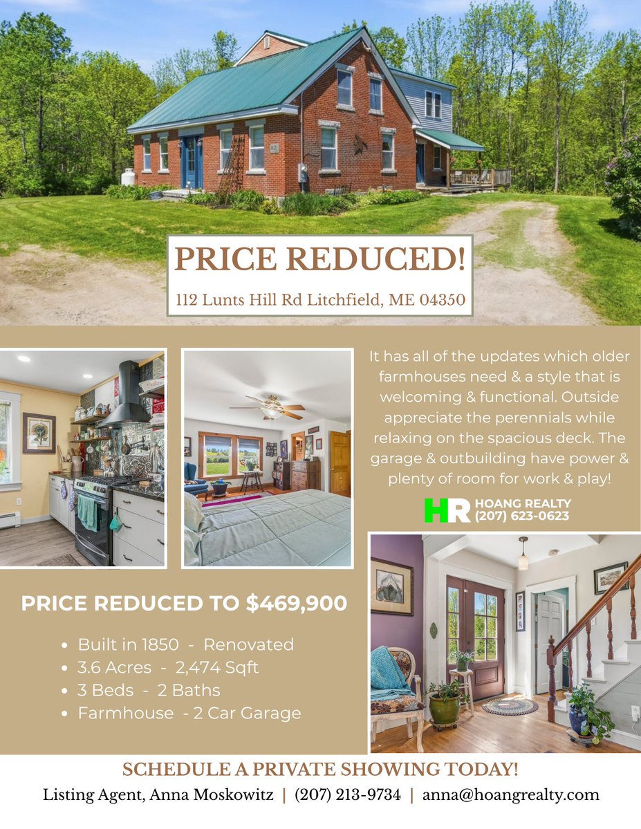 RealtyHoang's tweet photo. Anna Moskowitz has reduced the price of this renovated Farmhouse! The work has all been done- move right in and appreciate this beautiful home. Find all the details on our website. To request a showing or ask questions, contact Anna at (207) 213-9734.
https://t.co/NEAolf94D9 https://t.co/mEIao1LkHy