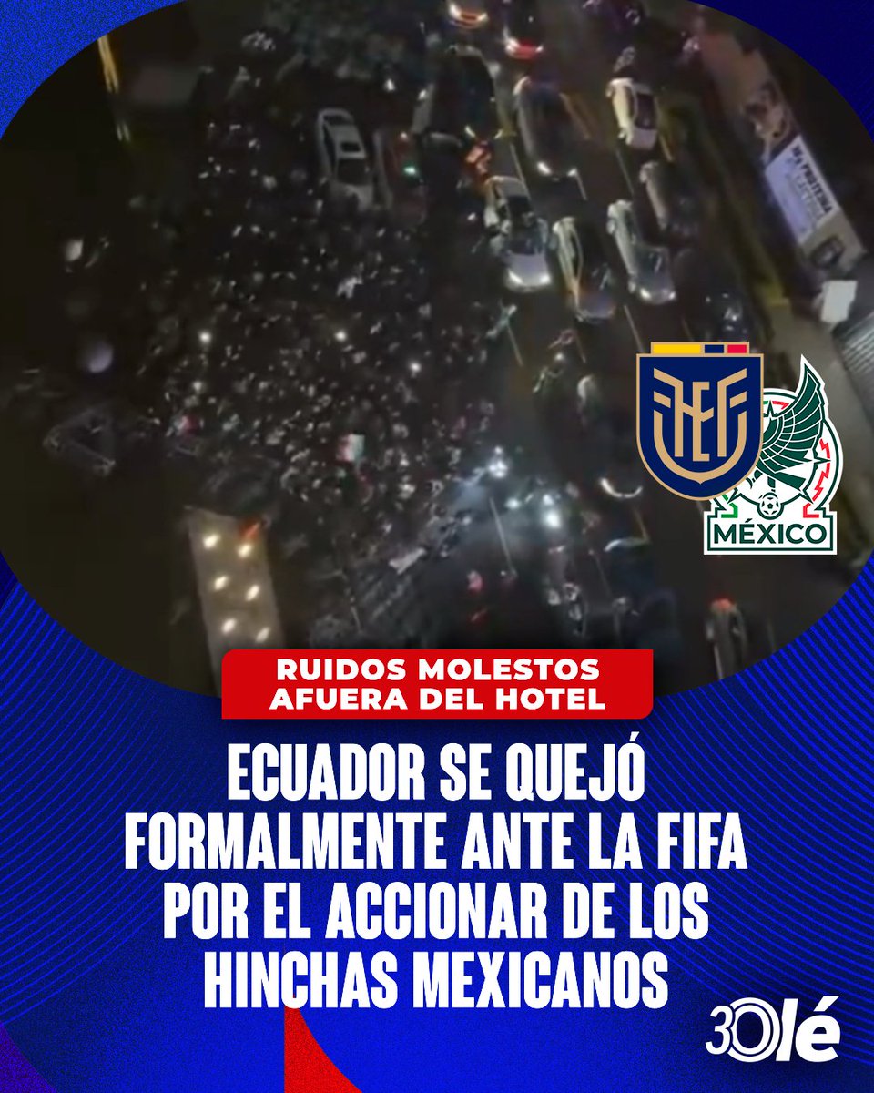 DiarioOle's tweet photo. 🚨🇪🇨 ECUADOR SE QUEJÓ FORMALMENTE ANTE LA FIFA POR LO QUE PASÓ ANOCHE 🇲🇽

Hinchas mexicanos se acercaron al hotel donde se hospedaba la selección ecuatoriana y, durante toda la noche previa al partido, estuvieron haciendo ruidos molestos; para evitar que los jugadores rivales pudieran descansar.