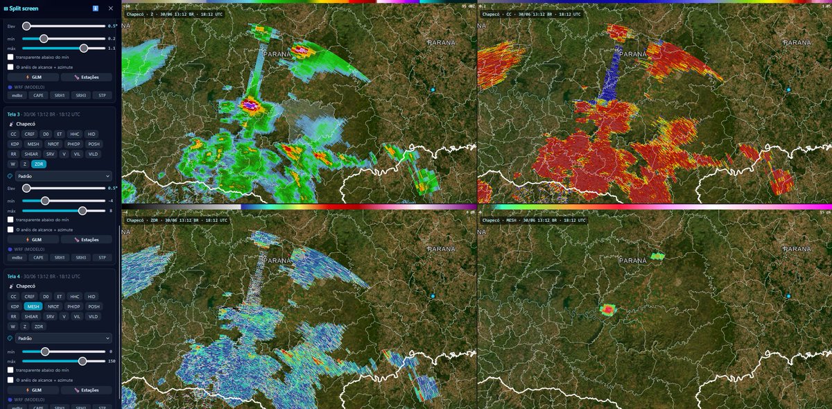 GoedeTDS's tweet photo. Supercells are producing large to very large hail over Southern Paraná right now. A gigantic TBSS can be seen emanating from the storm near Candoi (also affected by the 11/07/2025 tornadoes). Live radar can be found here: https://t.co/MatsipTqCd https://t.co/LJ1xBRdkxM