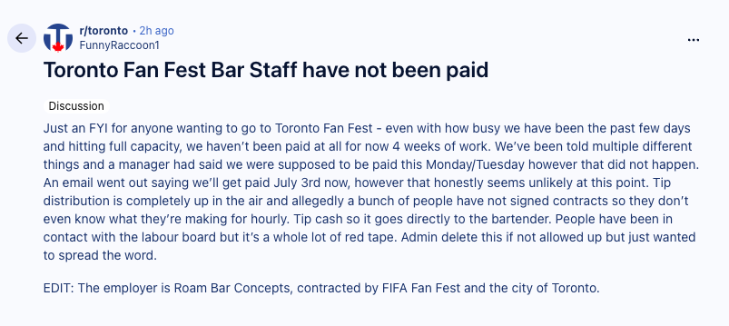 CaseyToGo's tweet photo. Allegedly, none of the bar staff at the FIFA Fan Festival in Toronto has been paid for their work, with at least four weeks' worth owed so far. https://t.co/Q5AJbU0BhE