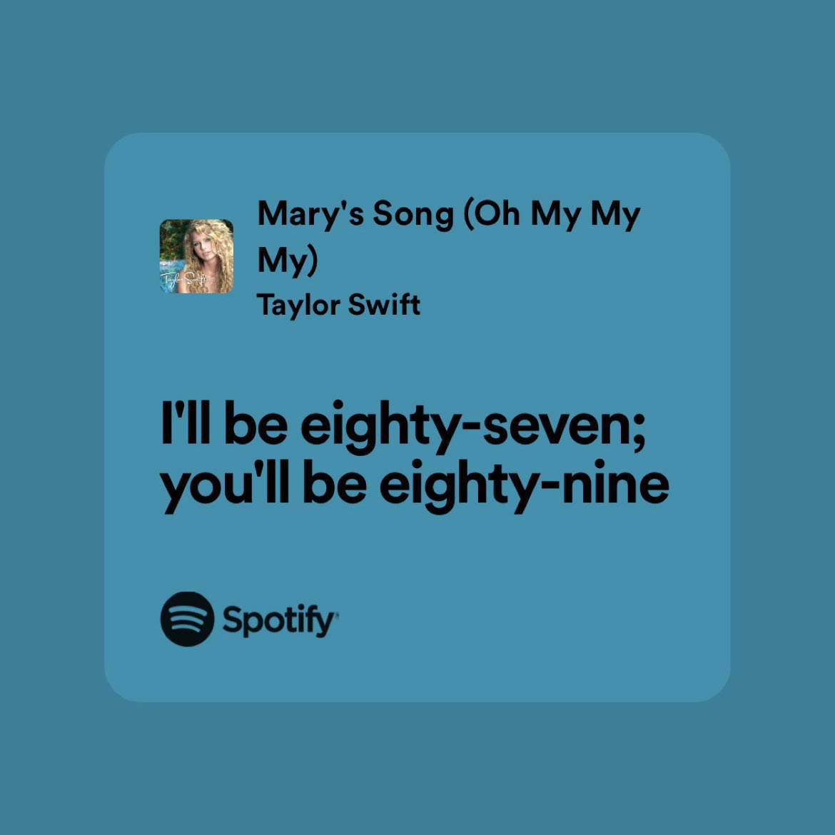 LaTayMexicana's tweet photo. Me parece increíble que Taylor Swift lanzó en 2006 una canción inspirada en la historia de amor de un matrimonio y de cómo envejecieron juntos y la canción tiene una frase que dice “Yo tendré 87 años; tú 89 y seguiré mirándote como miro a las estrellas que iluminan el cielo”. 

Y luego conoció a la persona con la que ella envejecerá y su número es el 87 y y el de ella es 89 (además del 13).

A casi 20 años del lanzamiento de la canción, ella se casa con su 87.