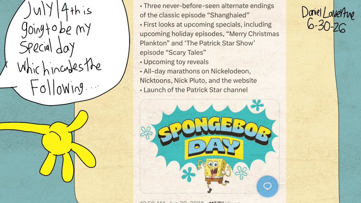 DanielLave25280's tweet photo. So.....
Today I just heard Nickelodeon is going something special for the Yellow sponge himself on July 14th
So I chose to make a comic about it
#SpongeBobSquarepants #Cartoon #Nickelodeon #Nicktoons #nostalgia #comic #SpongebobFanart #SandyCheeks #PatrickStar @PlushblueepReal https://t.co/rKOtT4gaN9