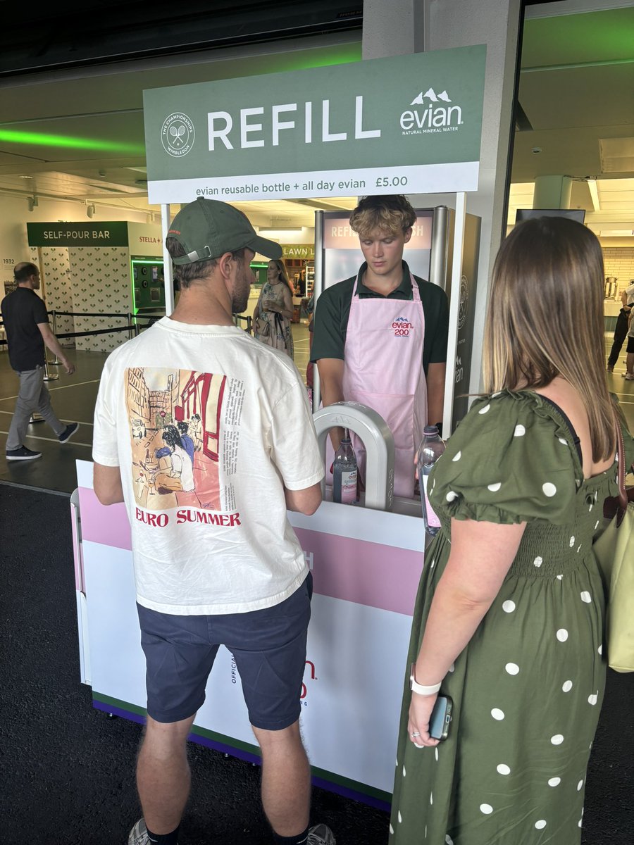readDanwrite's tweet photo. cool feature at Wimbledon: 5 pounds for an Evian bottled water that they will keep refilling for you (with Evian) for free all day (or the next day or next year) https://t.co/kMH6KTL2KP