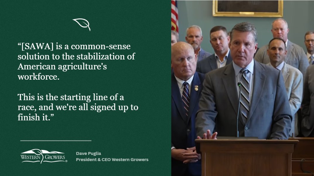 WesternGrowers's tweet photo. Industry leaders convened in Washington, DC today and joined @CongressmanGT Congressman GT Thompson to announce the Securing Agriculture’s Workforce Act of 2026 (SAWA) to modernize the H-2A visa program in a way that works for farmers. 

Wage rules are one of the most significant cost pressures farm employers face. As Western Growers President & CEO @Dave_Puglia Dave Puglia stated in today’s press conference, this bill “streamlines the program, reduces unnecessary administrative burdens and builds on recent administrative reforms by bringing greater certainty to wage rules.”