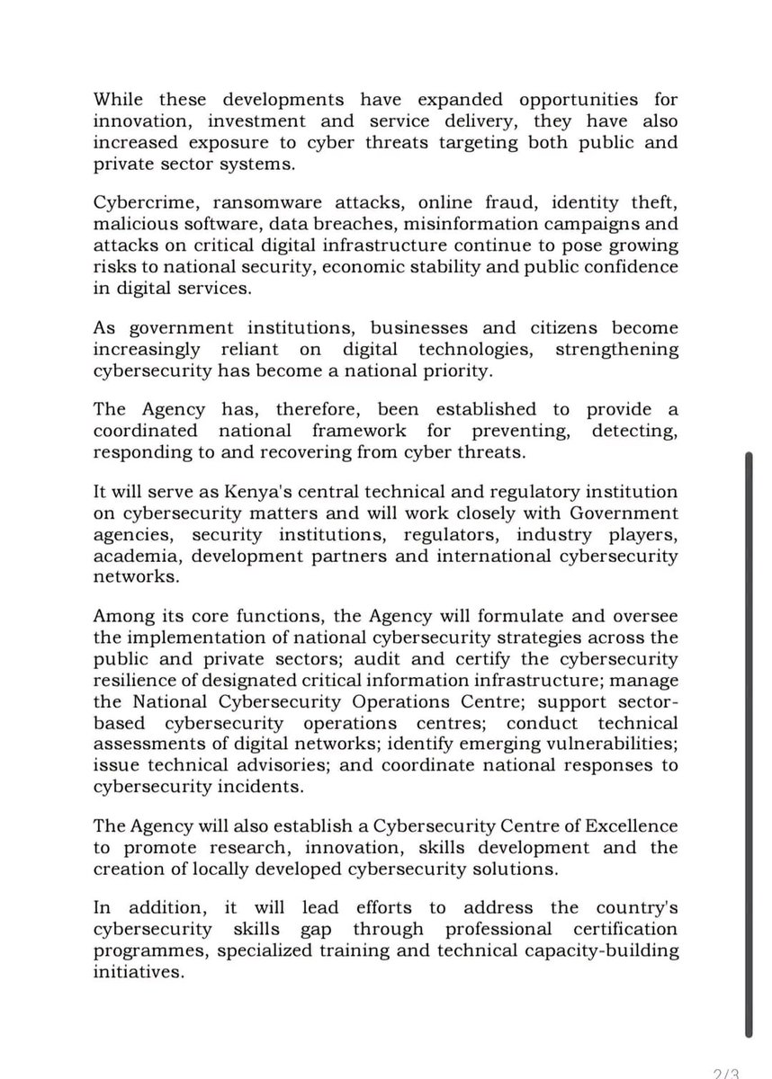 comradewarvist_'s tweet photo. Parliament has approved the establishment of the National Cybersecurity Agency (NCSA), a major milestone in strengthening our digital security architecture under the leadership of H.E President William Samoei Ruto. #PsRaymondOmollo https://t.co/OyWxWvx5SY