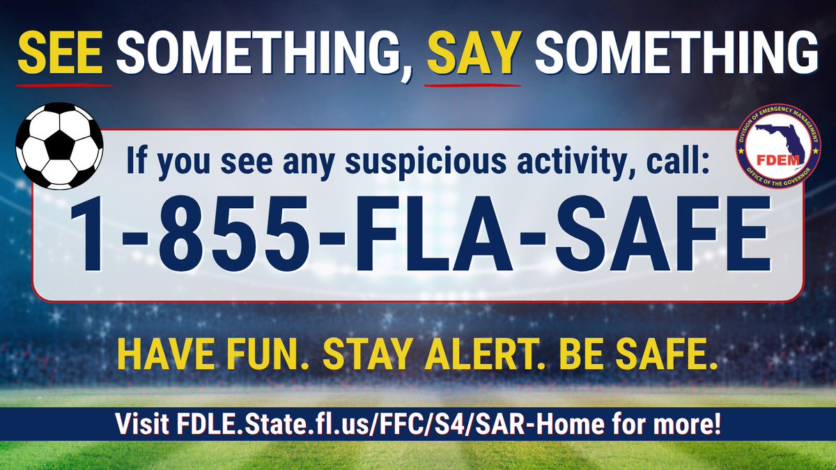 FLSERT's tweet photo. ⚽ Awareness is one of the simplest ways to help keep large events safe.

If you notice suspicious behavior, report it to local authorities at 1-855-FLA-SAFE.

👀 See Something. 🗣 Say Something.

Safety is a team effort! Know what to look for & stay alert by visiting https://t.co/lnBhVOUAfX