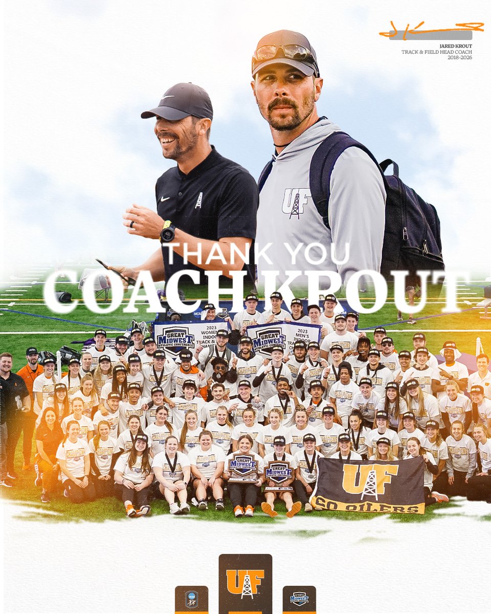 FindlayOilers's tweet photo. After nine years at Findlay, Head Track & Field Coach Jared Krout has announced he will step down.

During his tenure with the program, Krout coached student-athletes to 108 All-American honors and 124 Great Midwest individual titles, while also leading his squads to six G-MAC titles across both indoor and outdoor seasons.

#GoOilers | #BeGreat

🔗: https://t.co/uBaEXscHtS