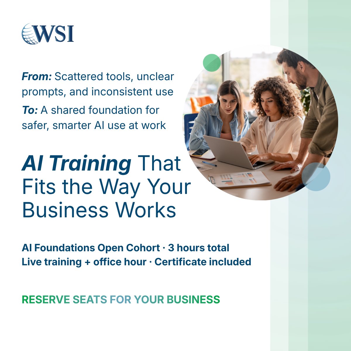 wsiworld's tweet photo. AI tools are already in place. The next step is helping teams use them with more structure, consistency, and confidence.
Join WSI’s AI CAMPUS Open Cohort for practical, instructor-led AI training.
Save your spot: https://t.co/UqfyCWupk5
#AITraining #AIForBusiness #WSI https://t.co/4DHHiHJLBX