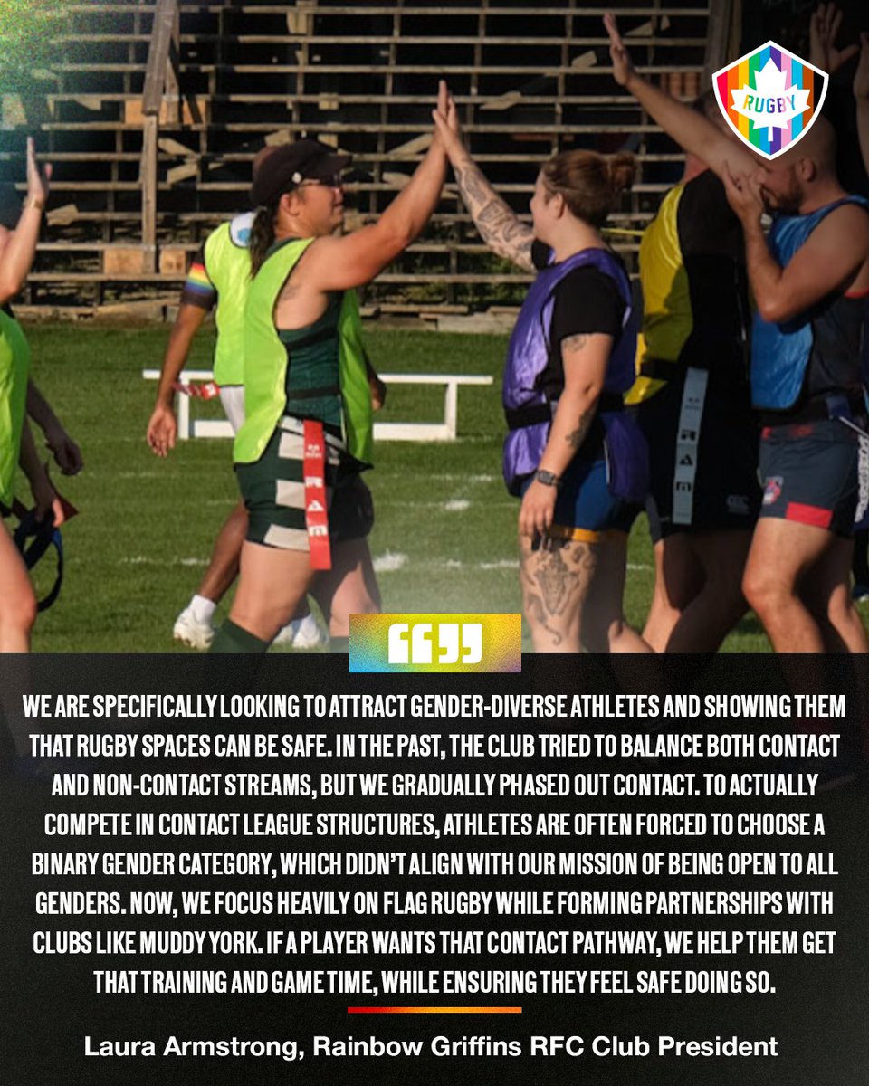 RugbyCanada's tweet photo. Laura, Club President at Rainbow Griffins RFC gives us a behind-the-scenes look at how the organization continues to build an inclusive culture in their programming 🏉🏳️‍🌈🏳️‍⚧️

#RugbyCA | #OneSquad | #PrideMonth https://t.co/MRaJa91VyC