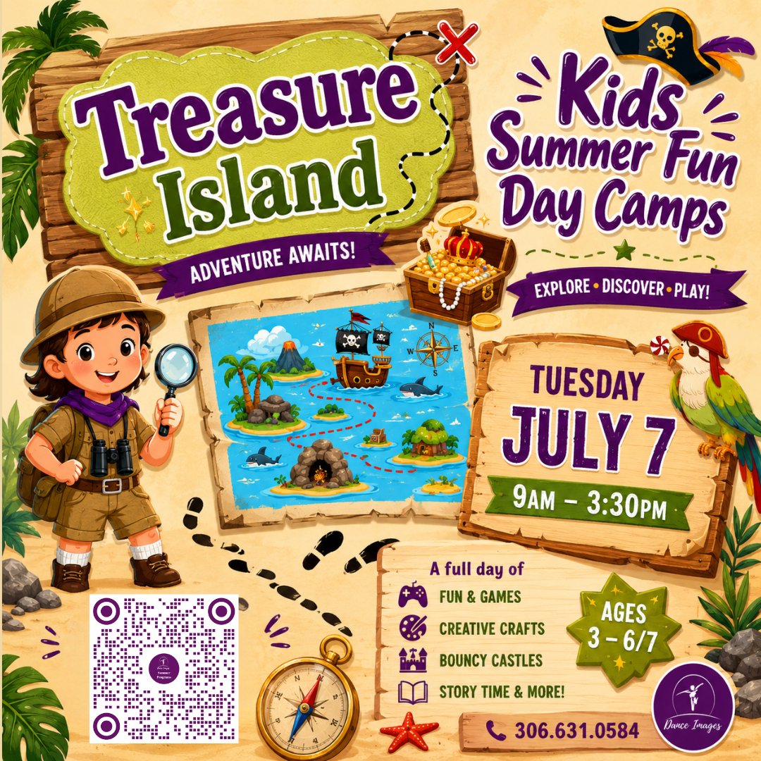 danceimagesinc's tweet photo. 🏴‍☠️ Treasure Island Explorers is only 1 week away! Adventure awaits, and spots are filling up fast! 
Register before it's too late - Scan the QR Code to register today. ⚓️💜
#DanceImages #DanceInMooseJaw #KidsSummerFun #TreasureIslandExplorers #SummerAdventure https://t.co/CuEWPMNQKu