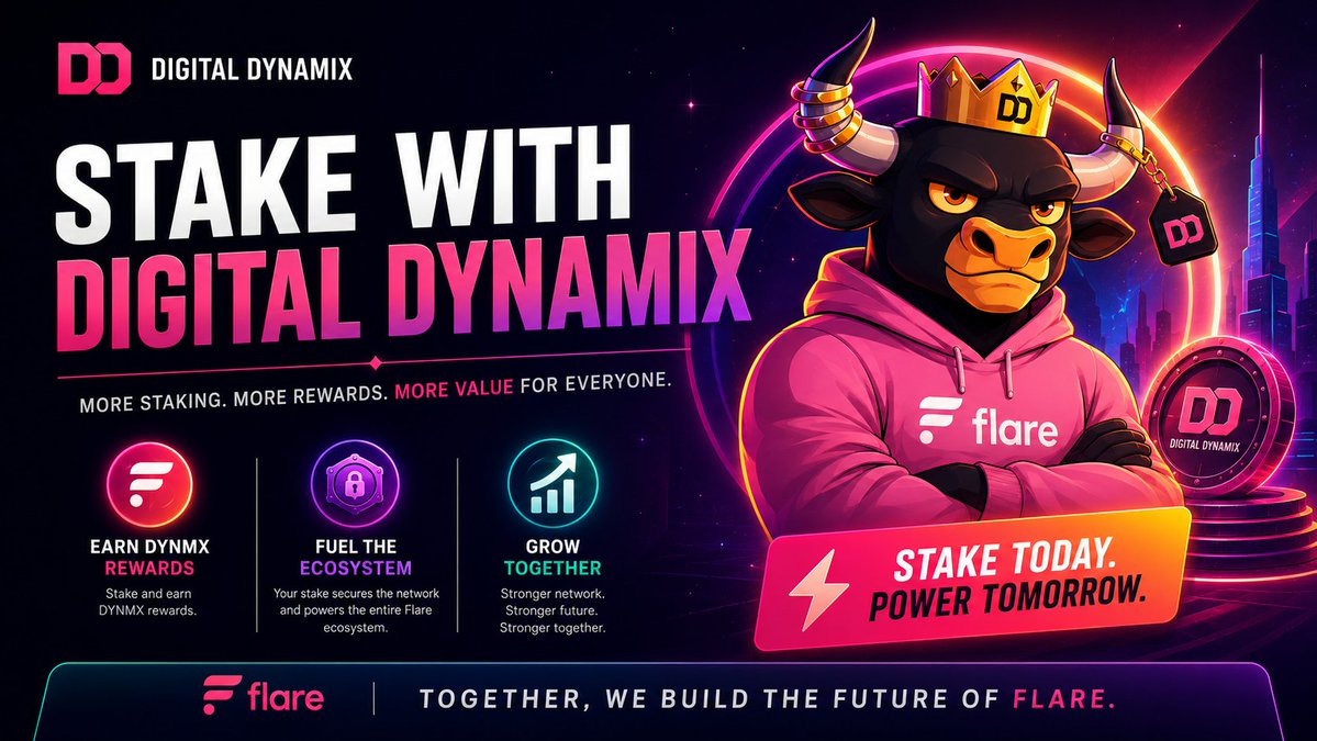 _DigitalDynamix's tweet photo. ❤️For those wanting to support a growing #NFT ecosystem on the #FlareNetwork, please consider Staking with Digital Dynamix!

✅ $FLR Rewards every 2 Weeks
✅ $DYNMX Airdrops every Q
✅ Fuels Ecosystem Growth

Validator #1 ends in ~5 hours, our new self bond occurs shortly after! https://t.co/eNHfsdNTCB