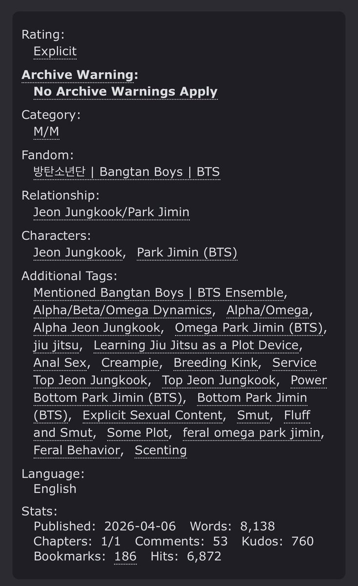 613_ficarchive's tweet photo. ✦ from the bangtan fic nook ✦

☆ title: untameable
☆ author: @cresserendipity 
☆ pairing: jikook
☆ tags: omegaverse, jiu jitsu, smut, feral jimin
☆ link: https://t.co/UXNprnKpxX https://t.co/h8VooKXypx