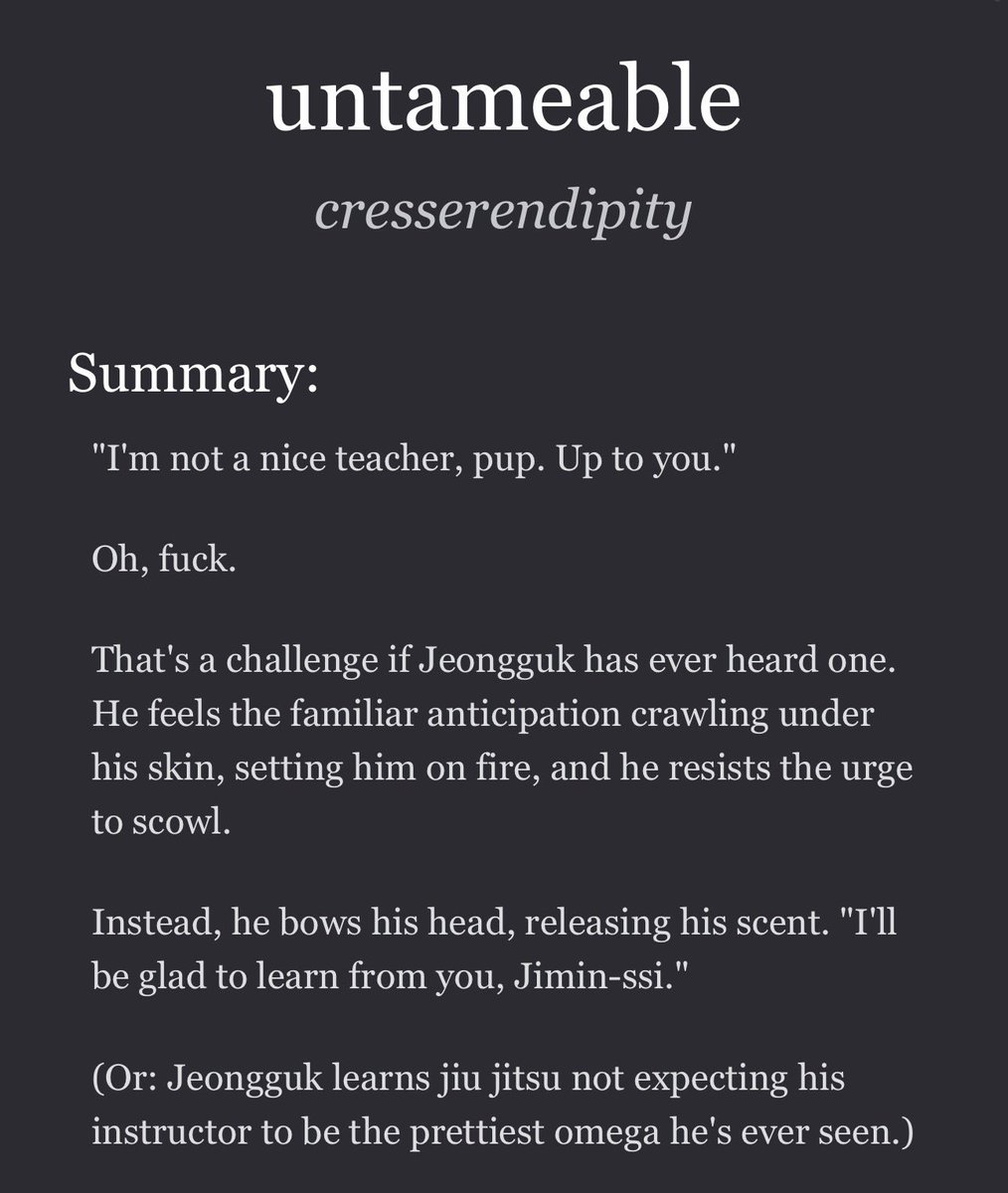 613_ficarchive's tweet photo. ✦ from the bangtan fic nook ✦

☆ title: untameable
☆ author: @cresserendipity 
☆ pairing: jikook
☆ tags: omegaverse, jiu jitsu, smut, feral jimin
☆ link: https://t.co/UXNprnKpxX https://t.co/h8VooKXypx