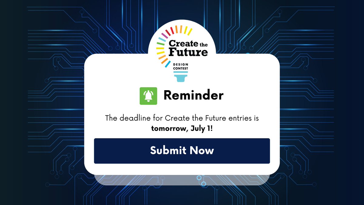 CTFcontest's tweet photo. Your next breakthrough deserves recognition.

The entry deadline for the 2026 Create the Future Design Contest is tomorrow. If you've created an innovative technology, product, or process, don't wait — submit your entry before time runs out.

Get started: https://t.co/yUDLh9qhOS https://t.co/jKZpOWcEnd