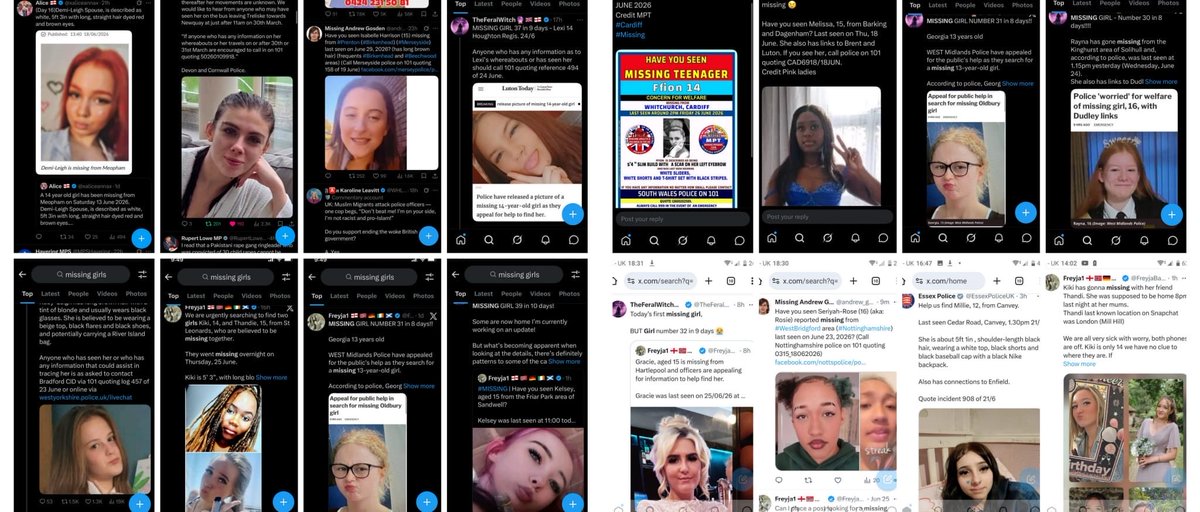 UKFrontlineM's tweet photo. 🚨 MISSING GIRLS NIGHTLY UPDATE 🚨
UK & IRELAND | Tuesday 30 June 2026

Every evening we update this list with the latest publicly available police and Garda appeals.

Thankfully, some children have been found safe and reunited with their families.

Sadly, others are still missing tonight.

💔 Behind every name is a family desperately waiting for a phone call. A bedroom left untouched. Parents who don’t know where their daughter is or whether she’s safe.

🇬🇧 UK

🔴 Demi-Leigh (14) – Meopham, Kent
🔴 Shayla Brook (15) – Essex
🔴 Francesca (16) – Essex / Barnet
🔴 Alexandra (16) – Crawley / Milton Keynes
🔴 Ruby (15) – Margate, Kent (links to Walsall & London)
🔴 Millie (12) – Canvey, Essex
🔴 Kaci (14) – Fife, Scotland
🔴 Olivia (13) – Wellingborough
🔴 Georgia (13) – Oldbury
🔴 Rayna (16) – West Midlands
🔴 Marika (14) – Bedfordshire
🔴 Masoumeh (16) – Scarborough
🔴 Seriyah-Rose “Rosie” (16) – Nottinghamshire

🇮🇪 Ireland

🔴 Summer Wheelock (14) – Co. Kilkenny
🔴 Ella Rose Mooney (13) – Co. Monaghan*
🔴 Marian McNamara (15) – Co. Laois

Since our last update:

🟢 Ellie Harty (17) – FOUND SAFE ❤️

We are also aware that several other girls reported missing over the past week have thankfully been found safe and have been removed from our active list. Every child safely reunited with their family is a reminder of why these appeals matter.

⚠️ Please note: Missing person investigations can change very quickly. Some appeals are stood down within hours, while others remain active for much longer. We do our best to verify every name against official police or Garda information before publishing, but if you spot an update, please let us know so we can keep this list as accurate as possible.

💔 Earlier this month, 14-year-old Lilly Jones from South Wales tragically lost her life after being reported missing. Our thoughts remain with her family and loved ones.

Please don’t scroll past.

Take just a few moments to read the names.

One share could put this post in front of the one person who recognises a face, remembers seeing someone, or has information that helps bring a child home.

If you have any information regarding any missing child, please contact the relevant police force or Gardaí immediately, or call 999 if there is an immediate risk.

❤️ Let’s help bring every one of them home safely.

#MissingChildren #MissingGirls #BringThemHome #EveryChildMatters #PleaseShare #UKFrontlineMedia