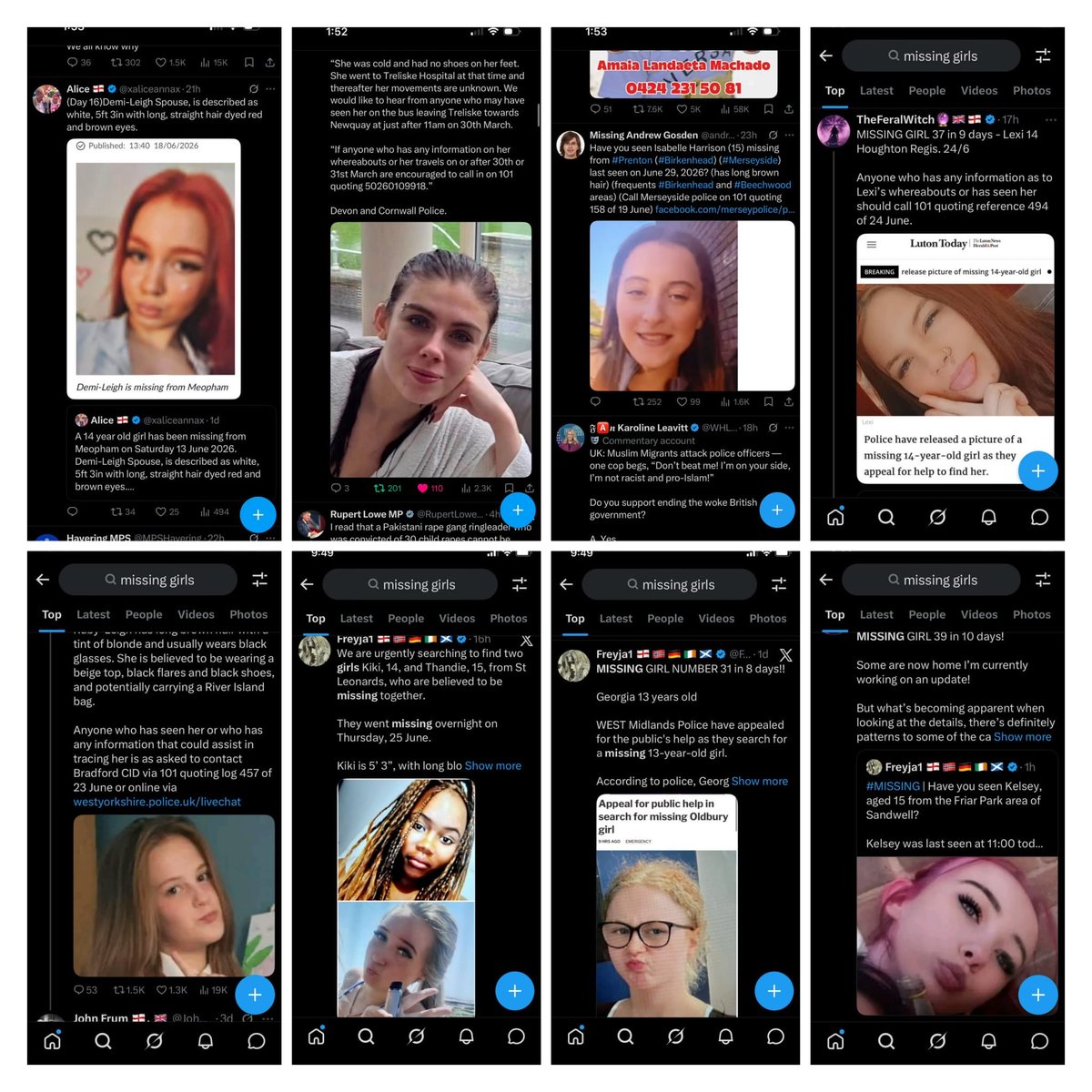 UKFrontlineM's tweet photo. 🚨 MISSING GIRLS NIGHTLY UPDATE 🚨
UK & IRELAND | Tuesday 30 June 2026

Every evening we update this list with the latest publicly available police and Garda appeals.

Thankfully, some children have been found safe and reunited with their families.

Sadly, others are still missing tonight.

💔 Behind every name is a family desperately waiting for a phone call. A bedroom left untouched. Parents who don’t know where their daughter is or whether she’s safe.

🇬🇧 UK

🔴 Demi-Leigh (14) – Meopham, Kent
🔴 Shayla Brook (15) – Essex
🔴 Francesca (16) – Essex / Barnet
🔴 Alexandra (16) – Crawley / Milton Keynes
🔴 Ruby (15) – Margate, Kent (links to Walsall & London)
🔴 Millie (12) – Canvey, Essex
🔴 Kaci (14) – Fife, Scotland
🔴 Olivia (13) – Wellingborough
🔴 Georgia (13) – Oldbury
🔴 Rayna (16) – West Midlands
🔴 Marika (14) – Bedfordshire
🔴 Masoumeh (16) – Scarborough
🔴 Seriyah-Rose “Rosie” (16) – Nottinghamshire

🇮🇪 Ireland

🔴 Summer Wheelock (14) – Co. Kilkenny
🔴 Ella Rose Mooney (13) – Co. Monaghan*
🔴 Marian McNamara (15) – Co. Laois

Since our last update:

🟢 Ellie Harty (17) – FOUND SAFE ❤️

We are also aware that several other girls reported missing over the past week have thankfully been found safe and have been removed from our active list. Every child safely reunited with their family is a reminder of why these appeals matter.

⚠️ Please note: Missing person investigations can change very quickly. Some appeals are stood down within hours, while others remain active for much longer. We do our best to verify every name against official police or Garda information before publishing, but if you spot an update, please let us know so we can keep this list as accurate as possible.

💔 Earlier this month, 14-year-old Lilly Jones from South Wales tragically lost her life after being reported missing. Our thoughts remain with her family and loved ones.

Please don’t scroll past.

Take just a few moments to read the names.

One share could put this post in front of the one person who recognises a face, remembers seeing someone, or has information that helps bring a child home.

If you have any information regarding any missing child, please contact the relevant police force or Gardaí immediately, or call 999 if there is an immediate risk.

❤️ Let’s help bring every one of them home safely.

#MissingChildren #MissingGirls #BringThemHome #EveryChildMatters #PleaseShare #UKFrontlineMedia