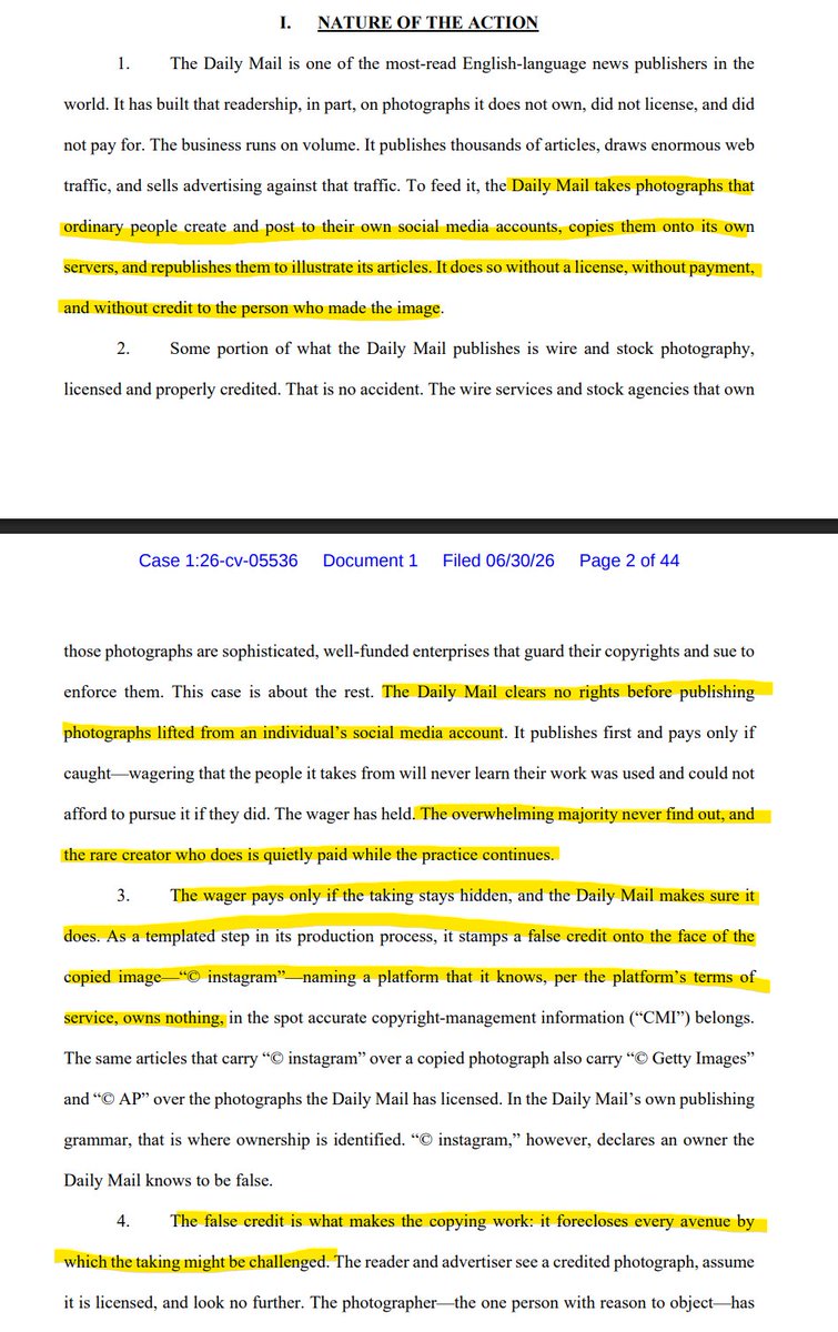 RobertFreundLaw's tweet photo. Daily Mail takes pics from individuals' social media accounts, slaps a "false credit" over the image (e.g., "(c) instagram") and never pays to license the images unless/until they're caught, according to a new class action filed today. https://t.co/nKwcXvnEOr