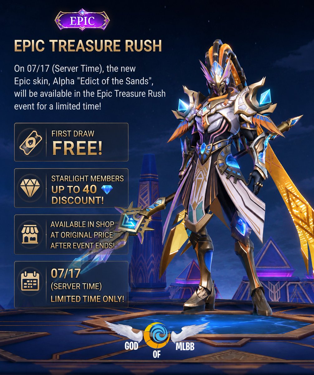 realgodofmlbb's tweet photo. Alpha’s new Epic skin “Edict of the Sands” is coming! 
Available in the Epic Treasure Rush event on 07/17 Server Time.
First draw is FREE, and Starlight Members can get up to 40 Diamonds discount.
Don’t miss this limited-time event!
#godofmlbb #mlbb #mobilelegends #alphamlbb #mlbbskins #epicskin #mobilelegendsbangbang