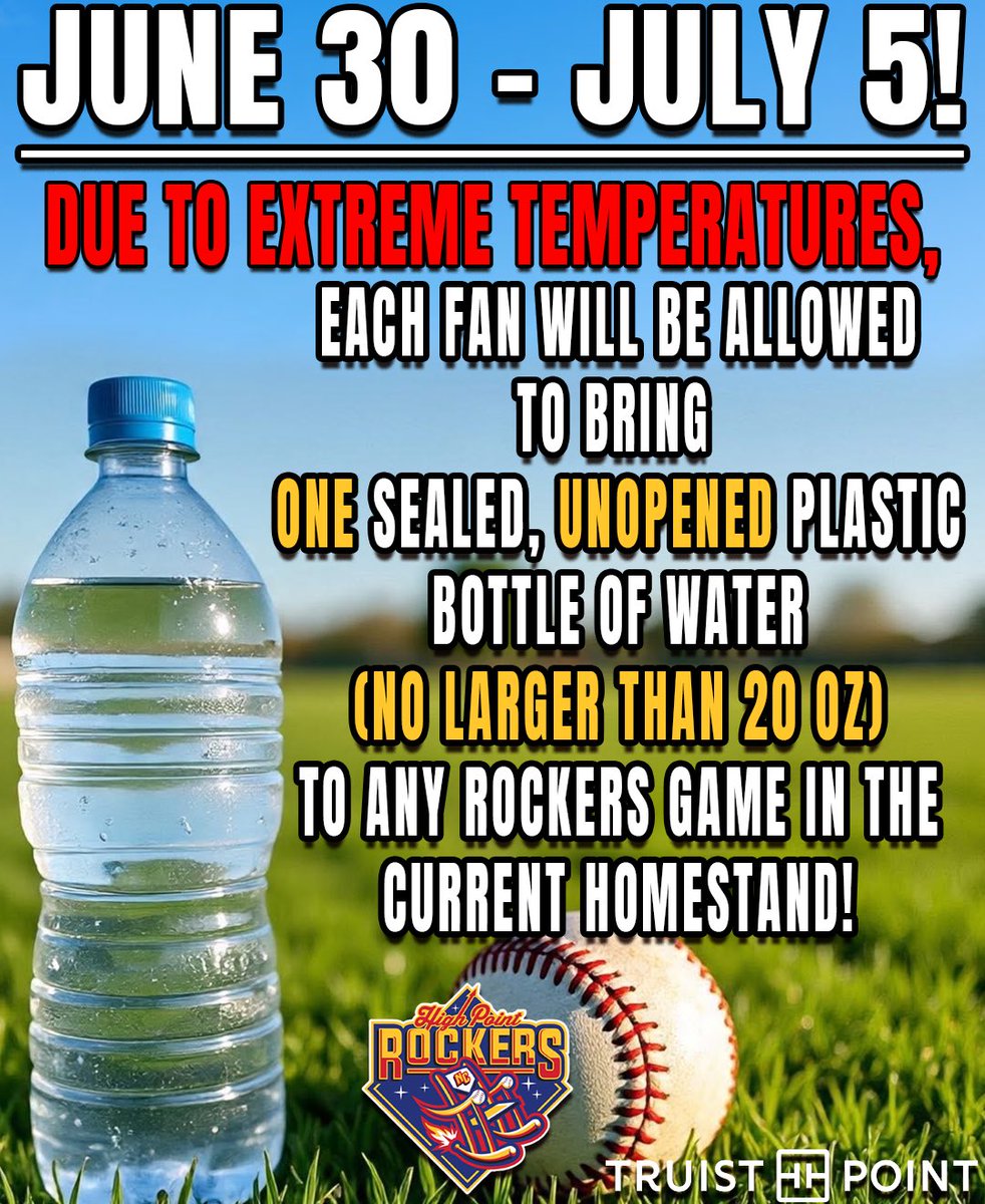 RockersBaseball's tweet photo. ROCKERS FANS! 

During the current homestand ONLY, you are allowed to bring in ONE sealed, unopened plastic bottle of water! No larger than 20oz! 

Remember to stay hydrated🙌 https://t.co/35Ff3AzQpe