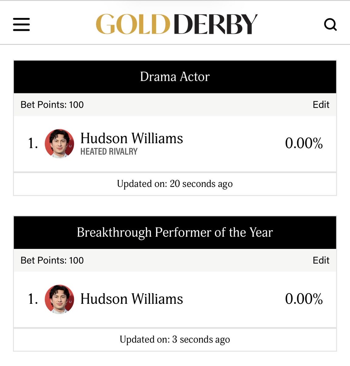 hudsonwupdates's tweet photo. Today is the LAST day to vote!
As mentioned before, Hudson Williams is in the running for a 2026 @GoldDerby Award. To ensure he secures a nomination, we have to vote for him!

Vote for Hudson Williams in: 
🏆 Drama Actor
🏆 Breakthrough Performer of the Year

Don’t forget to also vote for ‘Heated Rivalry’ in:
🏆 Drama Series
🏆 Drama Episode (“The Cottage”)
🏆 Literary Adaptation
🏆 Ensemble of the Year

Register and vote here by 9pm PDT: https://t.co/01lJhGj5KI
