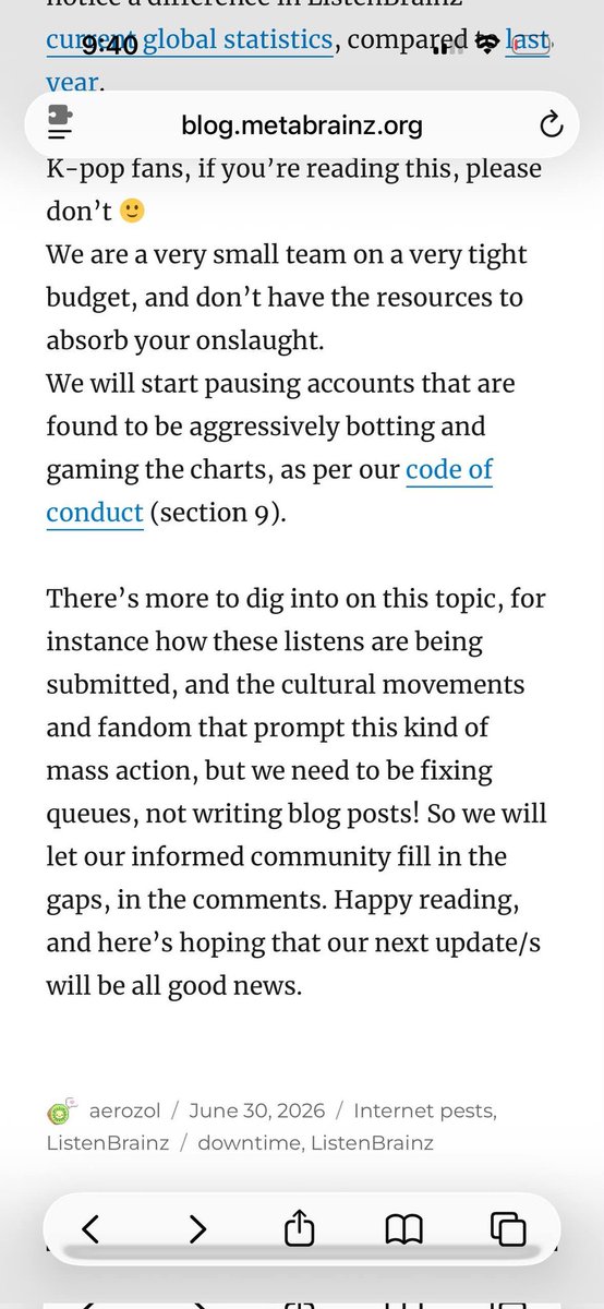 sothye's tweet photo. 🚨🚨How absurd is this???
ListenBrainz and Lastfm is forever in boycott list for me.
They should really rename the brand to WesternBrainz instead and pop up in app saying only welcome western artist listener.

Another thing is all this small sites come out using our brand/fandom name for larger hater attention and it's promotion to them too with pity card.

Currently I'm only sticking with statsfm and musicat.
Don't waste your subscription money to others.