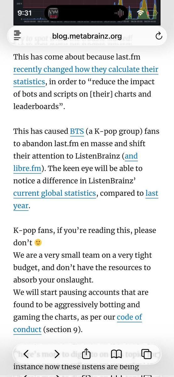 sothye's tweet photo. 🚨🚨How absurd is this???
ListenBrainz and Lastfm is forever in boycott list for me.
They should really rename the brand to WesternBrainz instead and pop up in app saying only welcome western artist listener.

Another thing is all this small sites come out using our brand/fandom name for larger hater attention and it's promotion to them too with pity card.

Currently I'm only sticking with statsfm and musicat.
Don't waste your subscription money to others.