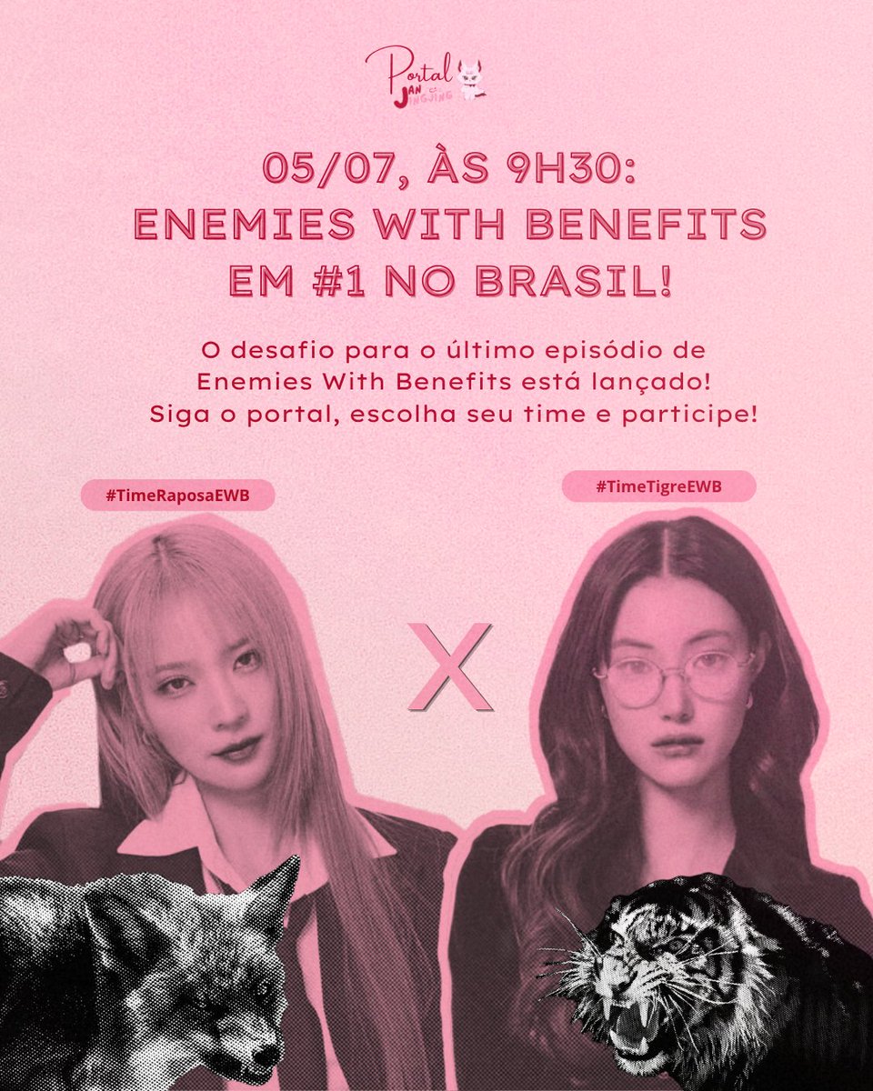 portaljanjing's tweet photo. 🚨 RECRUTAMENTO DE DESAFIO DO EP FINAL DE EWB 🚨

O Portal JJJ junto ao fandom organizou um desafio com o objetivo final de conseguirmos o top #1 no Brasil.

Como irá funcionar?
Os times estão separados em:
#.TimeRaposaEWB e #.TimeTigreEWB

O time que conseguir mais posts com a # oficial do episódio final de EWB será o vencedor (com direito a prêmios 😉).

O DESAFIO COMEÇARÁ NO DOMINGO (05/07), ÀS 9:30h (BRT), E IRÁ ATÉ SEGUNDA, ÀS 06:00h (BRT).

A TAG OFICIAL SERÁ ANUNCIADA NO PORTAL. 
NÃO USE AS TAGS ANTES EM HISPOTÉSE ALGUMA!!

Para participar é simples:

1. Escolha o time e coloque no seu perfil o emoji (🦊 ou 🐯);
2. Comente usando a tag do EP e a tag do seu time juntas;
3. Interaja com o fandom e se divirta!!