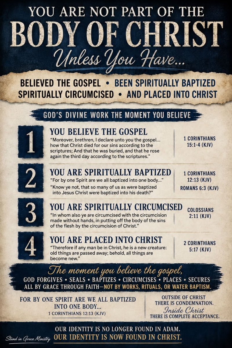 Nickymann99's tweet photo. HOW DOES A PERSON BECOME A MEMBER OF THE BODY OF CHRIST?
.
.
THE BODY OF CHRIST HAS A DEFINITE BEGINNING
The Body of Christ is not simply a collection of religious people. It is a new creation God formed during this present dispensation of grace. Every member has entered the Body exactly the same way.
Paul writes…
“For by one Spirit are we all baptized into one body… and have been all made to drink into one Spirit.” (1 Corinthians 12:13 KJV)
Notice that Paul does not say we baptize ourselves into the Body. Nor does he say another believer places us there. It is the Holy Spirit who performs this work.
This baptism is completely spiritual. It is not water baptism. It is the divine operation whereby God places the believer into Christ.
EVERYTHING BEGINS WITH THE GOSPEL
No one is placed into Christ apart from believing the gospel. Paul defines the gospel clearly…
“Moreover, brethren, I declare unto you the gospel… how that Christ died for our sins according to the scriptures; And that he was buried, and that he rose again the third day according to the scriptures.” (1 Corinthians 15:1-4 KJV)
When a sinner believes this gospel, God immediately performs several spiritual works.
Paul explains the order…
“In whom ye also trusted, after that ye heard the word of truth, the gospel of your salvation: in whom also after that ye believed, ye were sealed with that holy Spirit of promise.” (Ephesians 1:13 KJV)
Notice the progression…
• Heard the gospel.
• Believed the gospel.
• Sealed with the Holy Spirit.
Nothing is added by human effort.
SPIRITUALLY BAPTIZED INTO CHRIST
The Holy Spirit then baptizes the believer into Christ Himself.
“For by one Spirit are we all baptized into one body…” (1 Corinthians 12:13 KJV)
Romans explains what this baptism accomplishes.
“Know ye not, that so many of us as were baptized into Jesus Christ were baptized into his death?” (Romans 6:3 KJV)
This is not describing water baptism. Water cannot place anyone into Christ’s death. Only the Holy Spirit can unite a believer with Christ’s finished work.
The moment we believe, God identifies us with Christ’s death, burial, and resurrection.
Therefore we are no longer viewed as being “in Adam.”
We are now “in Christ.”
SPIRITUALLY CIRCUMCISED
At the same moment, God performs another invisible work.
“In whom also ye are circumcised with the circumcision made without hands, in putting off the body of the sins of the flesh by the circumcision of Christ.” (Colossians 2:11 KJV)
This is not physical circumcision.
Paul specifically calls it “made without hands.”
God spiritually separates the believer from his old standing in Adam. Our sinful flesh is no longer the basis of our relationship with God.
This is why our standing before God rests entirely in Christ.
PLACED INTO CHRIST
Perhaps Paul’s favorite expression is “in Christ.”
That is not merely a figure of speech. It describes our new spiritual position.
“Therefore if any man be in Christ, he is a new creature: old things are passed away; behold, all things are become new.” (2 Corinthians 5:17 KJV)
Every spiritual blessing belongs only to those who are in Christ.
“Blessed be the God and Father of our Lord Jesus Christ, who hath blessed us with all spiritual blessings in heavenly places in Christ.” (Ephesians 1:3 KJV)
Outside of Christ there is condemnation.
Inside Christ there is complete acceptance!
“There is therefore now no condemnation to them which are in Christ Jesus…” (Romans 8:1 KJV)
THE BODY OF CHRIST IS MADE UP OF THOSE WHO ARE “IN CHRIST”
Not everyone is automatically in the Body of Christ.
Not everyone is automatically “in Christ.”
Membership in the Body comes only through faith in the gospel.
The Holy Spirit places every believer into Christ the moment they believe.
There are no partial members.
There are no probationary members.
There are no members because of church attendance, family heritage, religious works, or water baptism.
Every member entered exactly one way — by grace through faith.
WHAT HAPPENS THE MOMENT WE BELIEVE?
The instant a person believes the gospel of 1 Corinthians 15:1-4 (KJV), God accomplishes all of these things…
• Forgives all our trespasses (Colossians 2:13 KJV).
• Redeems us through Christ’s blood (Ephesians 1:7 KJV).
• Seals us with the Holy Spirit (Ephesians 1:13-14 KJV).
• Baptizes us by one Spirit into the Body of Christ (1 Corinthians 12:13 KJV).
• Spiritually circumcises us without hands (Colossians 2:11 KJV).
• Places us into Christ (2 Corinthians 5:17 KJV).
• Makes us complete in Christ (Colossians 2:10 KJV).
• Seats us together in heavenly places in Christ (Ephesians 2:6 KJV).
Every one of these is God’s work — not ours.
SUMMARY…
A person does not become part of the Body of Christ by joining a church, receiving water baptism, trying to live a good life, or performing religious works.
God Himself places a believer into the Body of Christ the moment that person believes the gospel of Christ’s death for our sins, His burial, and His resurrection.
At that very instant the believer is spiritually baptized into Christ, spiritually circumcised without hands, sealed with the Holy Spirit, and given a brand-new position “in Christ.”
Our identity is no longer found in Adam.
Our identity is now found in Christ.
That is why Paul could confidently say…
“For by one Spirit are we all baptized into one body…” (1 Corinthians 12:13 KJV)
This is not something we accomplish.
It is one of the greatest miracles of God’s grace, performed entirely by Him the very moment we believe.