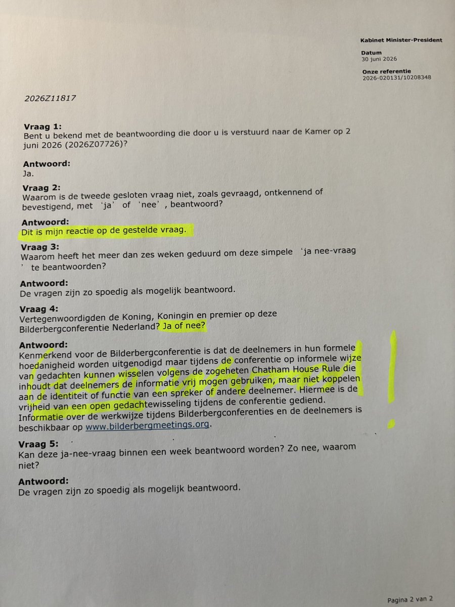 PvanHouwelingen's tweet photo. Wederom hebben we de premier gevraagd of hijzelf en de koning op de Bilderbergconferentie Nederland vertegenwoordigen.

Weer weigert de premier deze simpele ja-nee-vraag te beantwoorden.

Waarom?👇 https://t.co/RwFRgmREC8