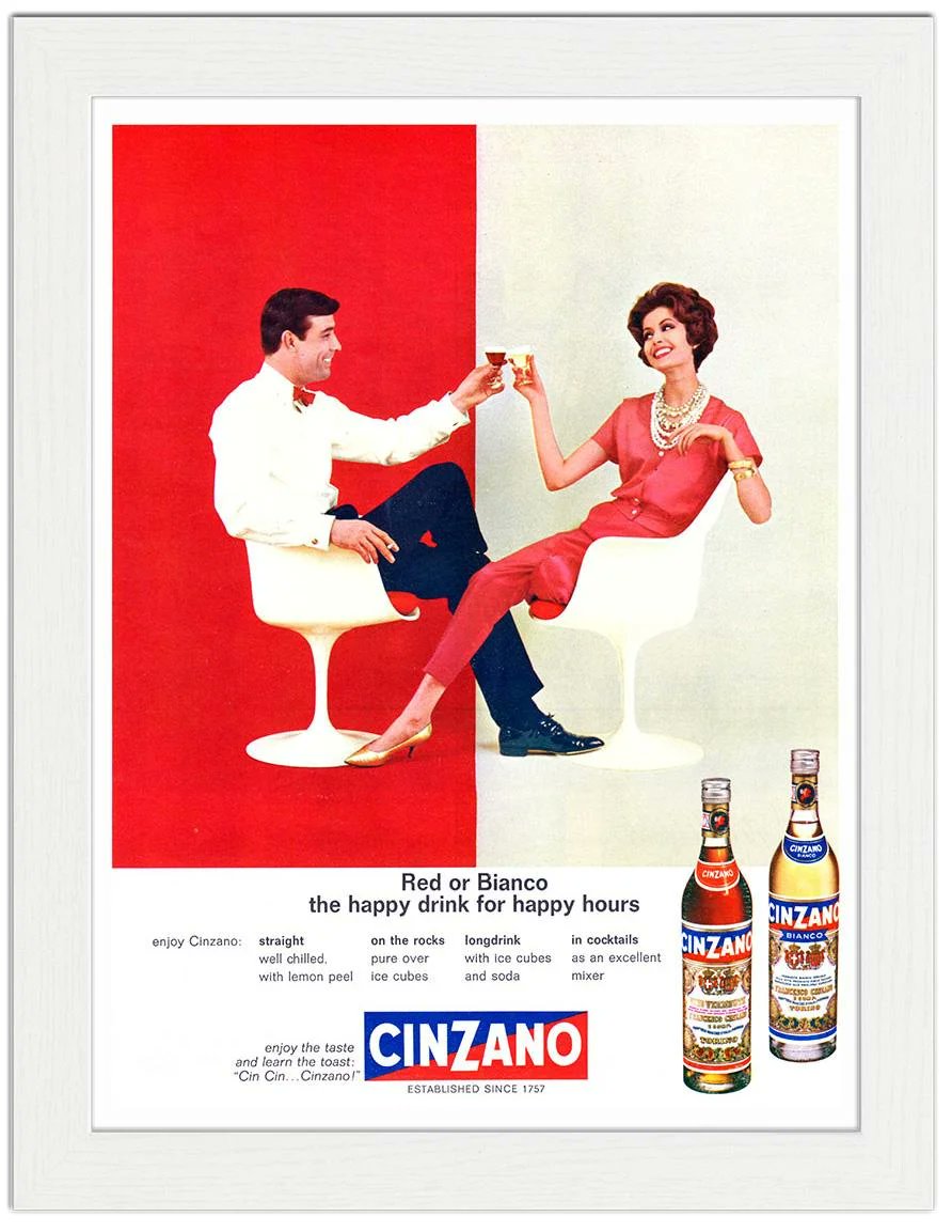 josephlocicero's tweet photo. The Cinzano “Rosso o Bianco” ads from the 1960s are a masterclass in mid‑century graphic discipline — the red/white split, the mirrored poses, the crisp Italian type. A perfect concept and execution. https://t.co/7VIrRcIw2I