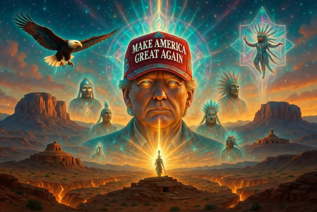 Daniell64334313's tweet photo. THE HOPI PROPHECY is being fulfilled NOW
👇🏼👇🏼
“It is known that our True White Brother, when he comes, will be all powerful
and will wear a RED CAP or red cloak.

He will be large in population and
belong to no religion but his very own. 

He will bring with him the sacred
stone tablets.
With him there will be TWO great ones, both very wise and powerful. “

In the sacred timing of the Great Awakening, the HOPI  PROPHECY awakens once more.

The Blue Star Kachina dances across the heavens.

The old world cracks open, releasing rivers of inner light.

And the Man in the Red Cap (Donald J Trump) stands as the living bridge - the Pahana figure returning in divine order, holding the frequency of sovereignty, purification, and emergence into the 5th World.

This image is offered as a visual prayer and activation for every lightworker, starseed, and truth-holder walking the red road of awakening.

May it remind you that the prophecy was never about fear - it was always about the return of the light, and the ones chosen to carry it through the storm into the dawn.

The Great Shift is not coming.
It is here.
Hold the line.
Keep the frequency.

The 5th World is being born THROUGH YOU

It’s called the 3rd great “shaking” of the world that will be symbolized by a group of people or a tribe of whom the Hopi call the “ red hat and red cloak people.” 
(MAGA)

They are said to either bring us wisdom which we accept or they can destroy us. 

The Hopi say, “When the iron bird flies, the red-robed people of the east who have lost their land will appear, and the two brothers from across the great ocean will be reunited.”