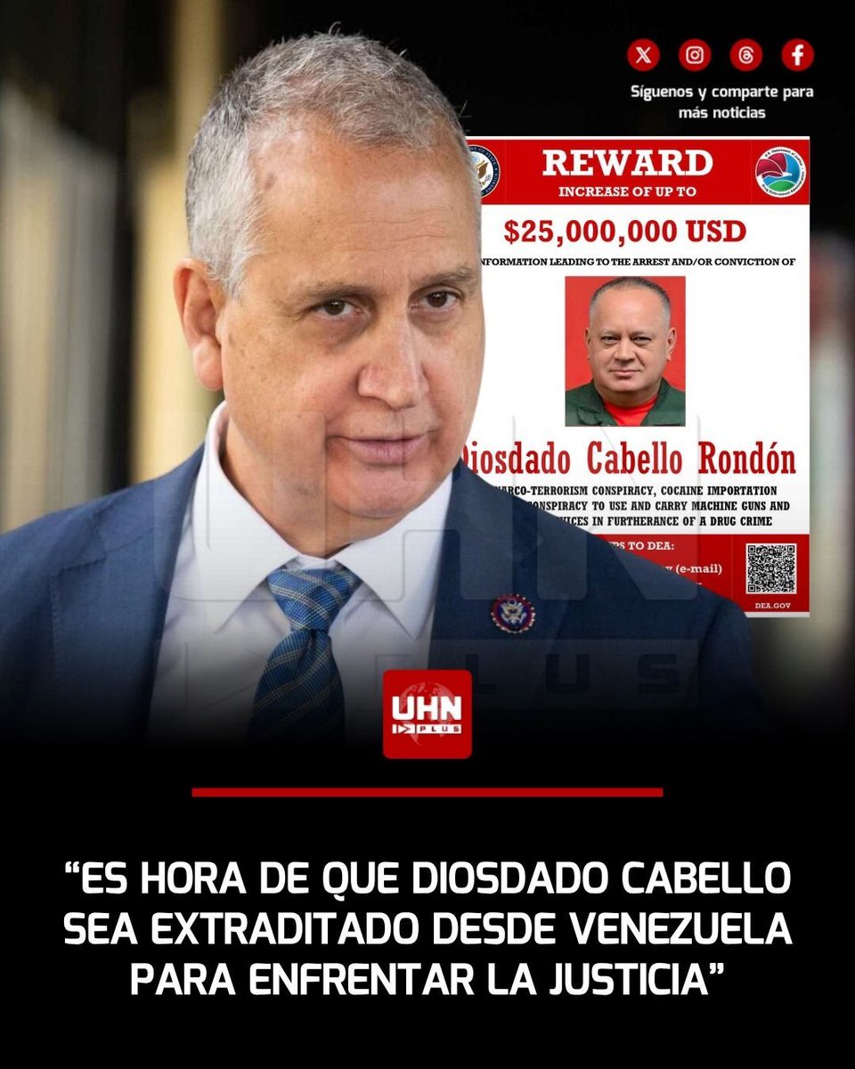 UHN_Plus's tweet photo. 🇺🇸🇻🇪‼️ | El Congresista Republicano, Mario Díaz-Balart, exigió la extradición de Diosdado Cabello desde Venezuela: “Es hora de que Diosdado Cabello sea extraditado desde Venezuela para enfrentar la justicia por sus crímenes”. https://t.co/D4fH0U9gXJ