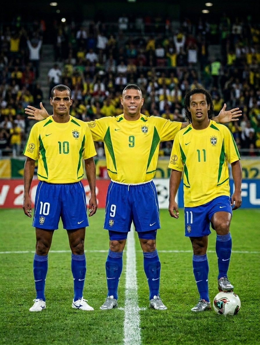 futnostalgico's tweet photo. O trio de ataque da Seleção Brasileira em 2002 🇧🇷😍 https://t.co/WVT4qY9chE