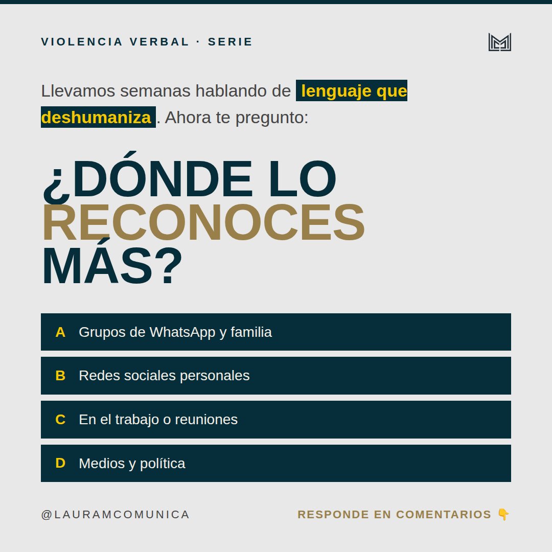 lauramcomunica's tweet photo. Semanas hablando de lenguaje que deshumaniza.
Ahora te pregunto: ¿dónde lo reconoces más?

A → WhatsApp y familia
B → Redes personales
C → Trabajo y reuniones
D → Medios y política

Responde con tu letra. 👇 @lauramcomunica https://t.co/e41py6M1us