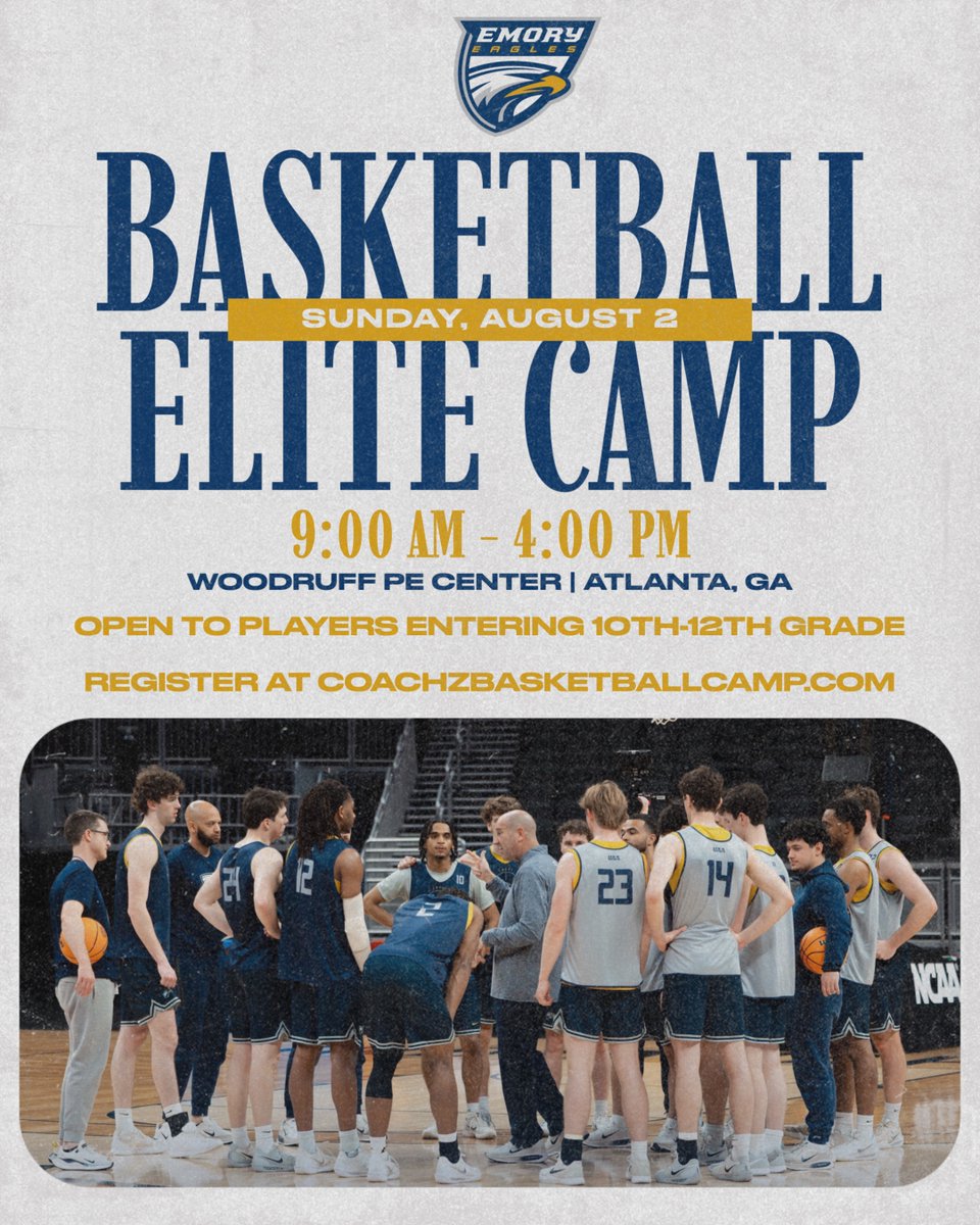 EmoryBasketball's tweet photo. 🚨Join us Aug. 2 for Elite Camp!🚨
 
We are about a month out and still have spots available! Great opportunity to see all Emory has to offer while working with our staff, players and alumni!  

🗓️: August 2, 2026
🏀: Players entering 10-12 Grade 
🔗: https://t.co/lia34UPEze https://t.co/oNURtb1iDL
