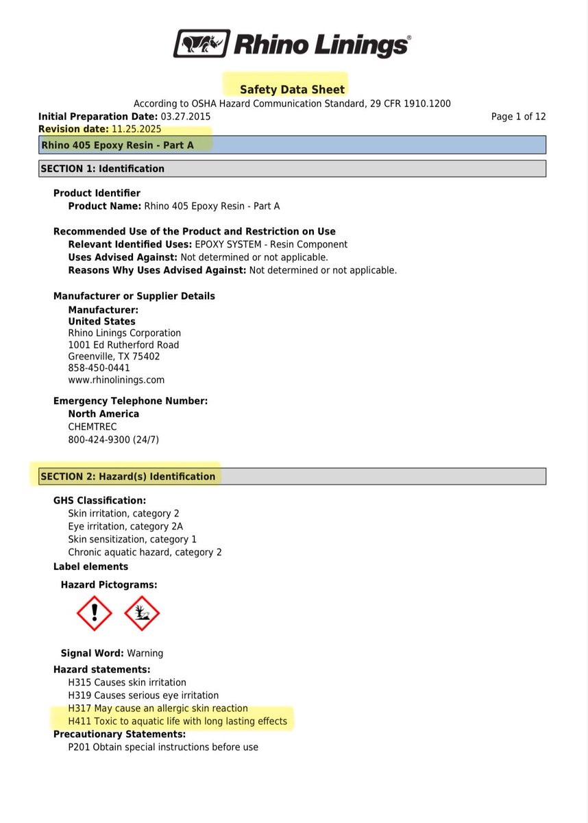 patriottakes's tweet photo. One of the products used during Trump’s  reflection pool renovation: “RHINO 405 A Thixotropic High Viscosity Epoxy Resin”

Safety data sheet: “Toxic to aquatic life with long lasting effects” https://t.co/ae8so9yO0M