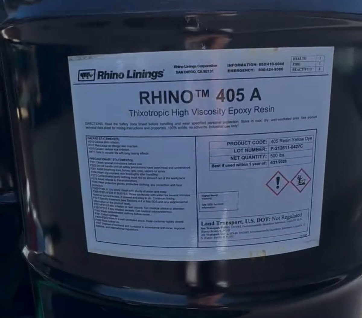 patriottakes's tweet photo. One of the products used during Trump’s  reflection pool renovation: “RHINO 405 A Thixotropic High Viscosity Epoxy Resin”

Safety data sheet: “Toxic to aquatic life with long lasting effects” https://t.co/ae8so9yO0M